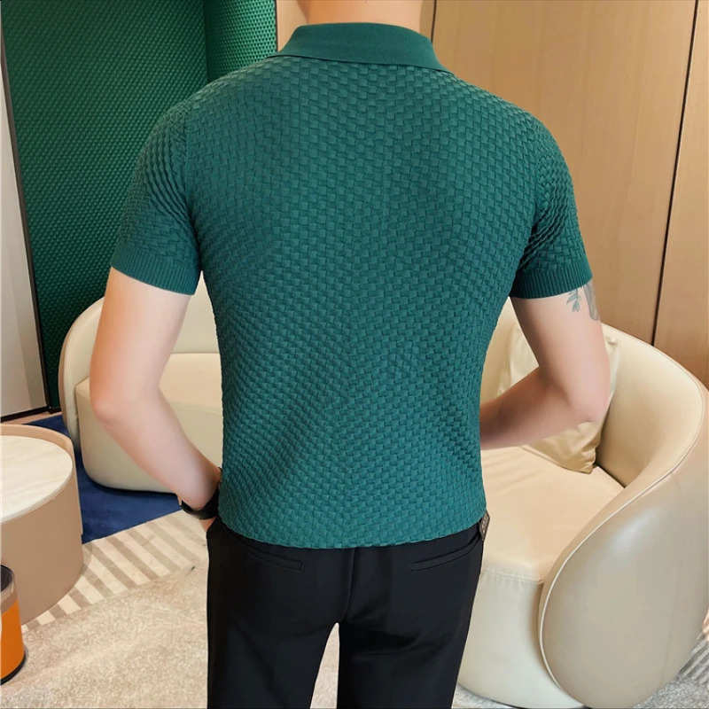 Mens Waffle Knit Polo Shirt -Short Sleeves Top Quality Knitted Polo ShirtsMale Slim Fit Plaid Leisure Golf Shirts Tops Tees 240813
