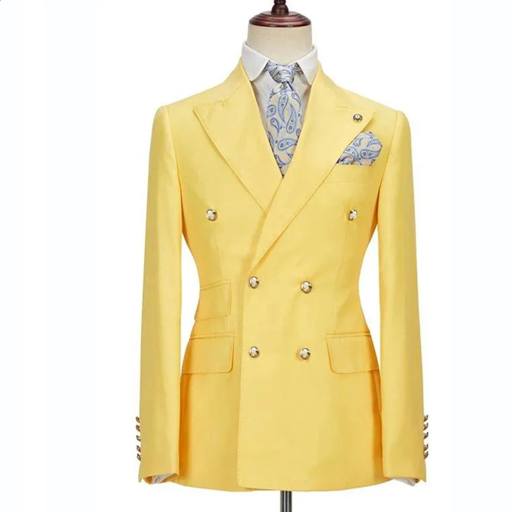 Blazer Hombre Yellow Suits for Men Chic Double Breasted Lapel Elegant Wedding Full Set Male 2 Piece Jacket Pants 031D 240812cj