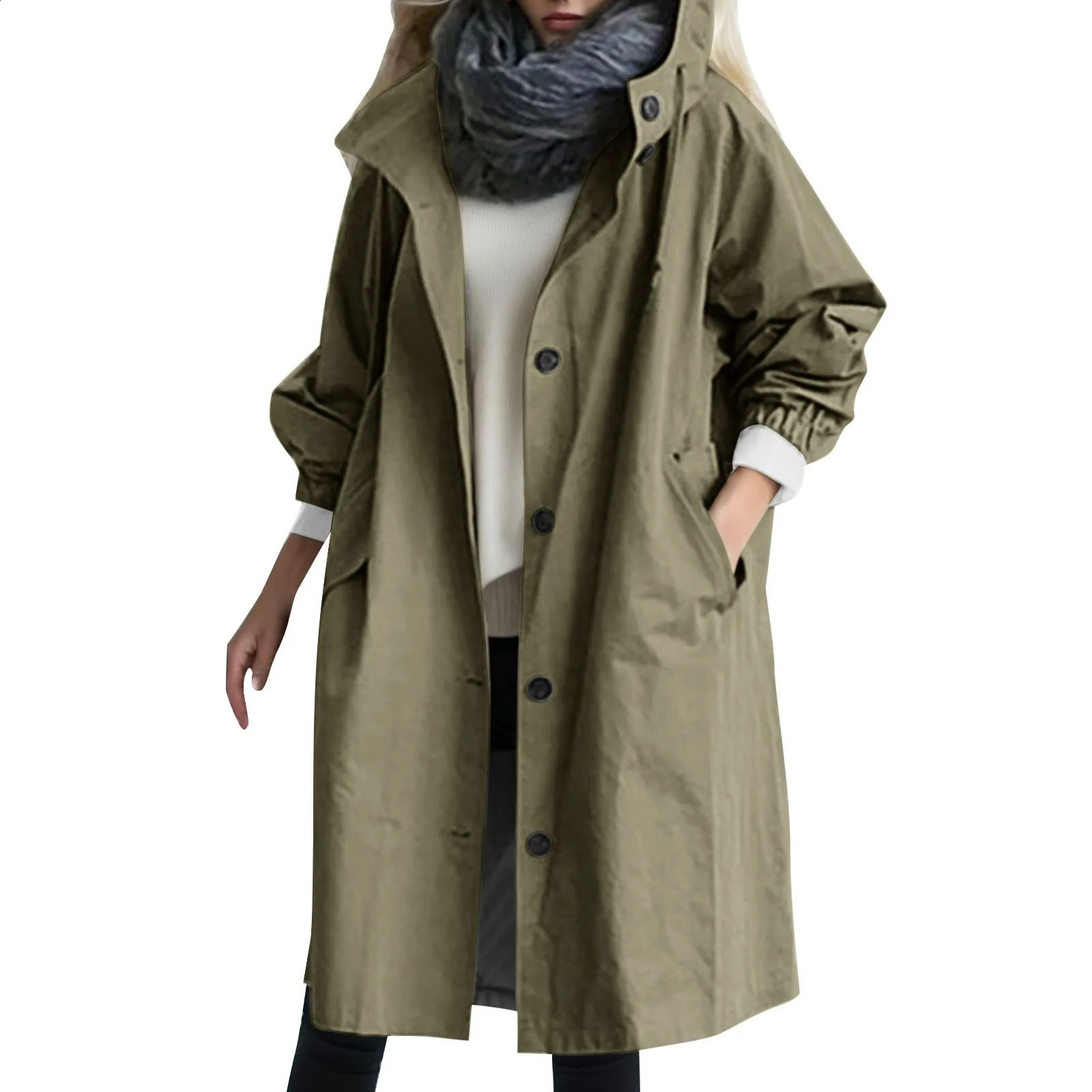 Women Fashion Trench Coat Spring Autumn Casual Hooded Medium Long Overcoat Loose Windproof Coat Korean Trendy Large Size 240813