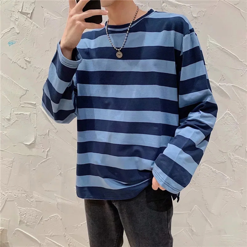 Spring Autumn Korean Striped Long Sleeve T-shirts For Men Casual Loose Fit Base Layer Top Youth Trendy Ins Style Wholesale 240812