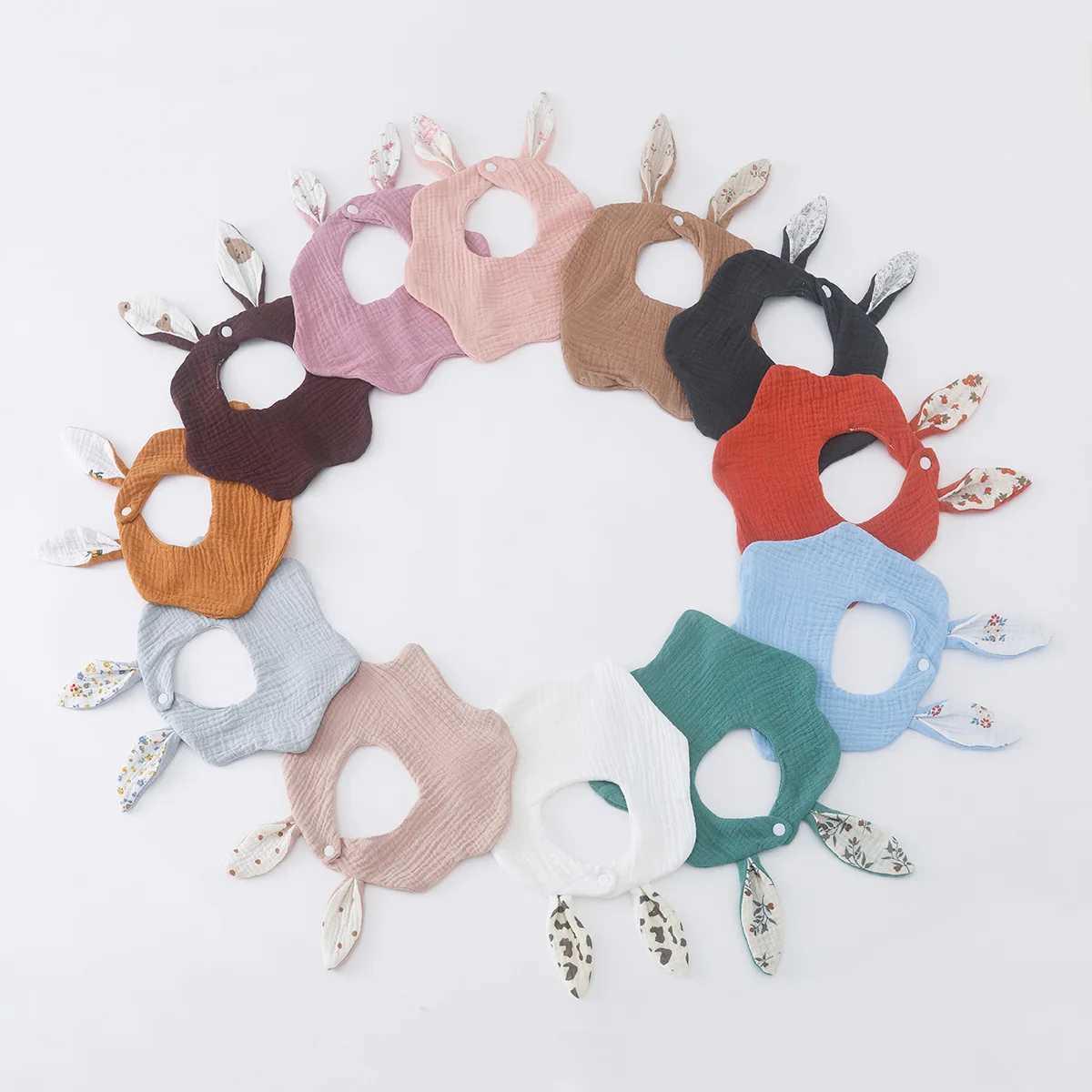 Bibs Burp Cloths New Rabbit Ears Wave Edge Cotton Gauze Baby Bibs Solid Infant Bib Newborn Soft Burp Cloths for Boy Girl Feeding Saliva TowelL4812