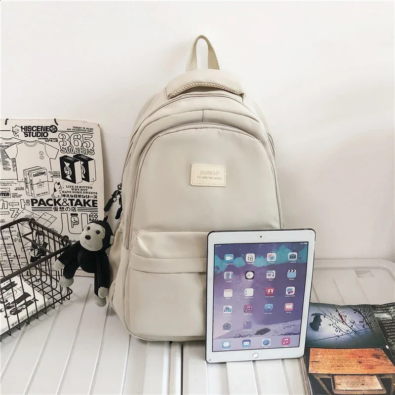 Solid color backpack womens multi pocket university casual laptop 240813