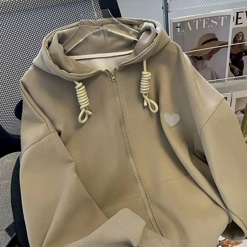 Fashion Drawstring Hoodies Women Autumn Winter Trend Hooded Coats Casual Loose Plush Thicken Cardigan Hoodie Zipper Jacket Woman 240812