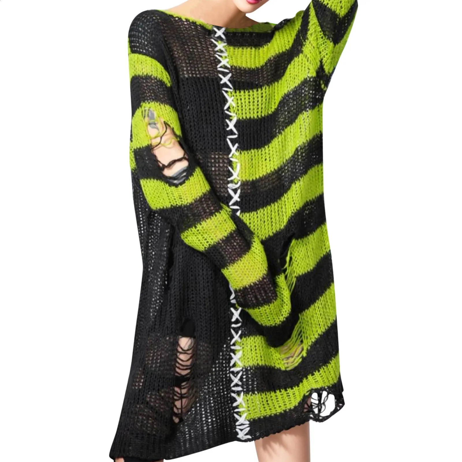Y2K Gothic Gradient Striped Sweaters Women Ripped Holes Knitted Pullovers Streetwear Contrast Color Loose Jumpers 240812