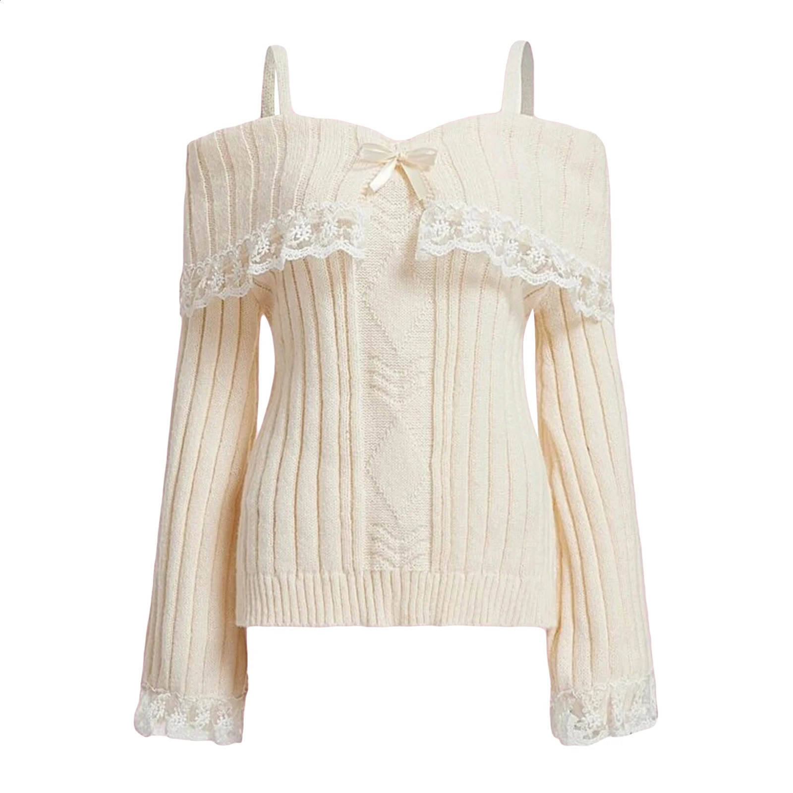 Women Off Shoulder Knit Sweater Solid Color Sweet Pullovers Long Sleeve Bow Lace Patchwork Cute Jumpers Club Streetwear Y2k 240813