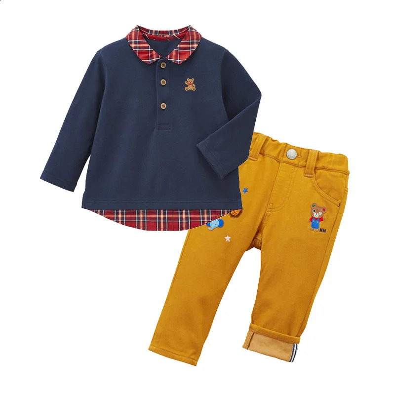 Autumn Boys and Girls Checkered Polo Shirts Cartoon Little Bear Embroidery Blouses Long Sleeve T-shirt Korean Kids 240810