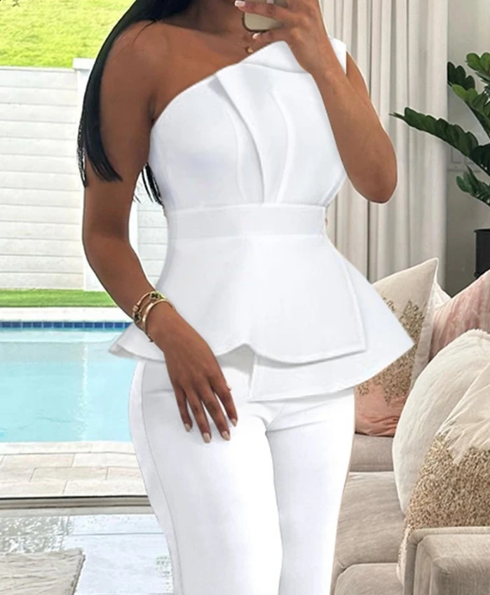 2024 Womens Elegant Commuting Two-piece Set One Shoulder Sleeveless Layered Ruched Top and High Waist Straight Leg Pants Set 240813