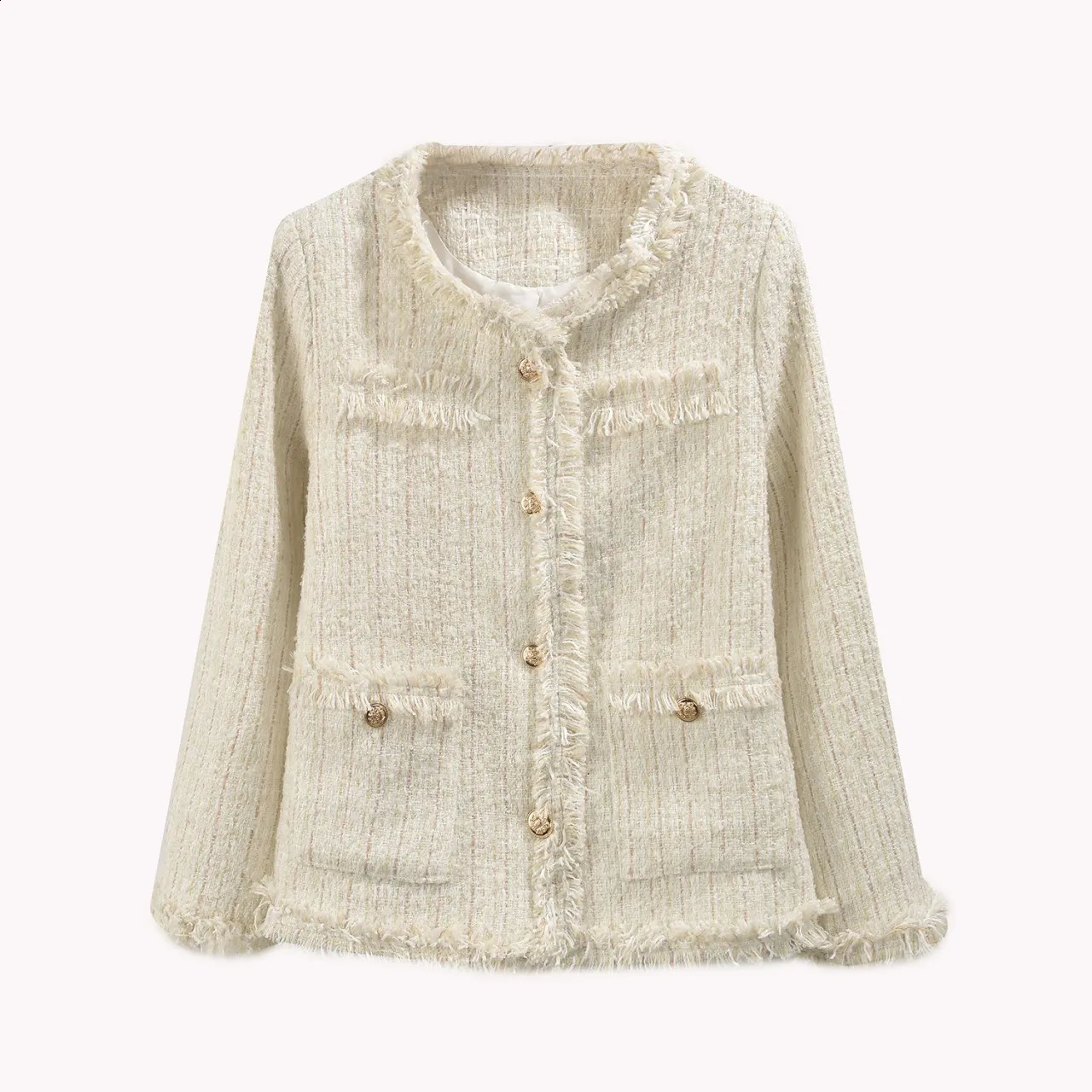 Women Elegant Long Sleeve Open Front Round Neck Fringed Plaid Tweed Jacket Korean Style Fashion Streetwear Mori Girl Coat 240812