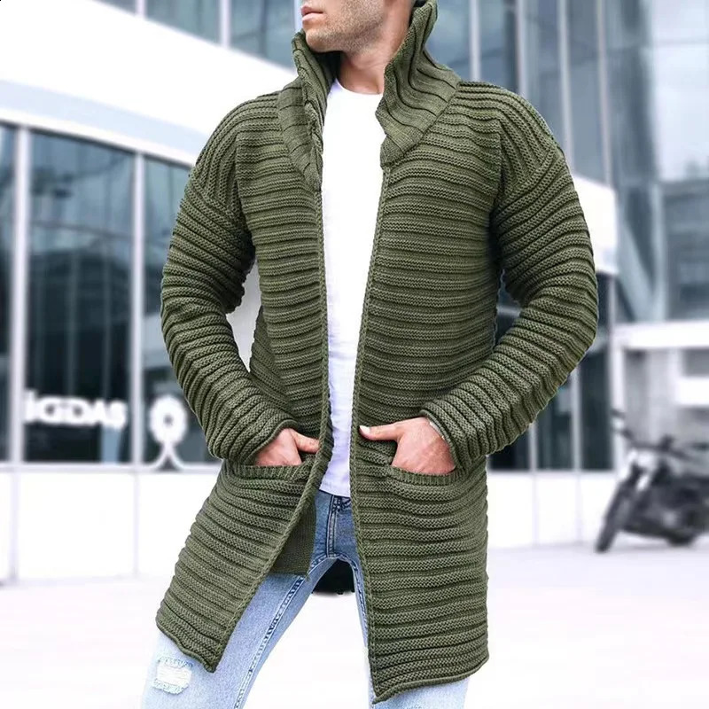 Autumn Winter Men Solid Color Knitted Sweater Turtleneck Cardigan Jacquard Long Jacket Coat LongSleeve Warm Slid Lapel Clothing 240813