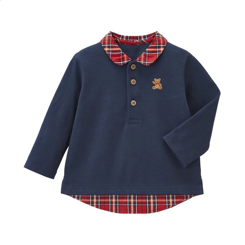 Autumn Boys and Girls Checkered Polo Shirts Cartoon Little Bear Embroidery Blouses Long Sleeve T-shirt Korean Kids 240810