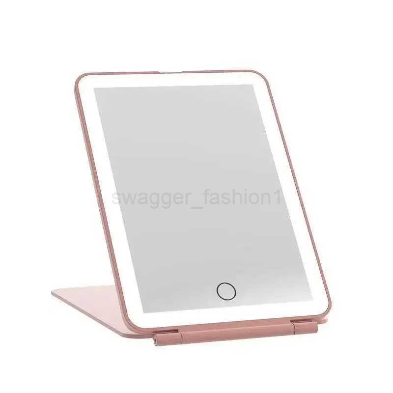 LED Travel Makeup Mirror 3 Colors Light USB Rechargeable Touch Screen Cute Portable Tabletop Cosmetic Mirror Ins PINK BeautifulXJ240813