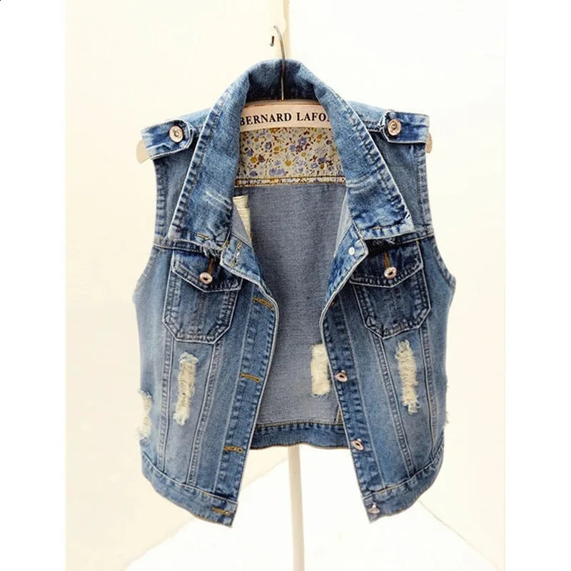 5XL Large Size Sleeveless Slim Hole Jeans Jacket Waistcoats Casual Tops Single Breasted Women Denim Jacket Vest Short Outerwear 240813