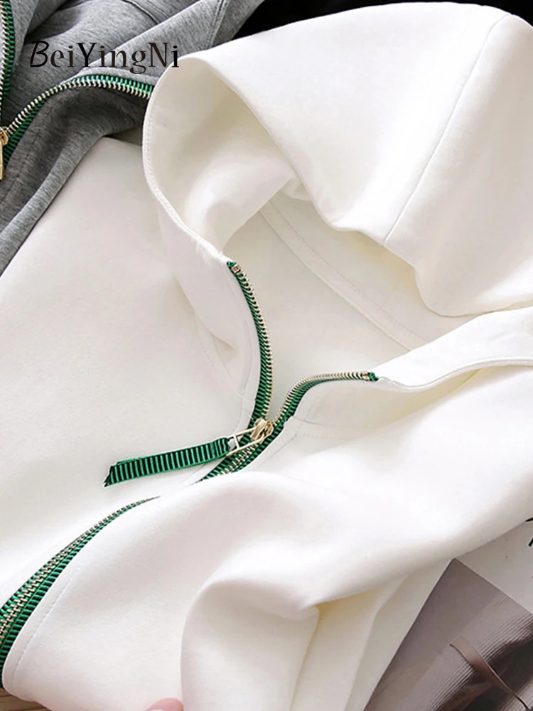 Beiyingni Women Hoodies Spring Autumn Korean Loose Sweatshirts Female Casual Hooded Hoody Preppy Lazy Zipper White Coats 240812
