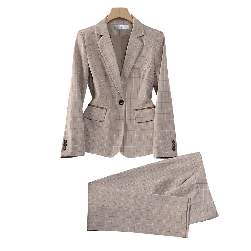 SpringAutumn Vintage Plain Elegant Jacket and High Waist Wide Leg Pants Two Piece Womens Set Business Clothes 240812
