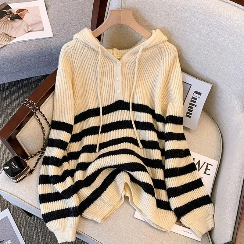 Women Clothing Autumn Winter Trendy Button Striped Hooded Knitted Sweater Casual Streetwear Loose Long Sleeve Pullover Tops 240812