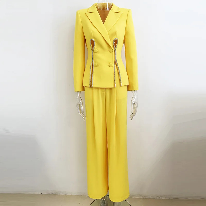 Yellow Diamond Chain Two Piece Suit Coat Womens Set Hollow Wide Leg Pants Elastic Waist