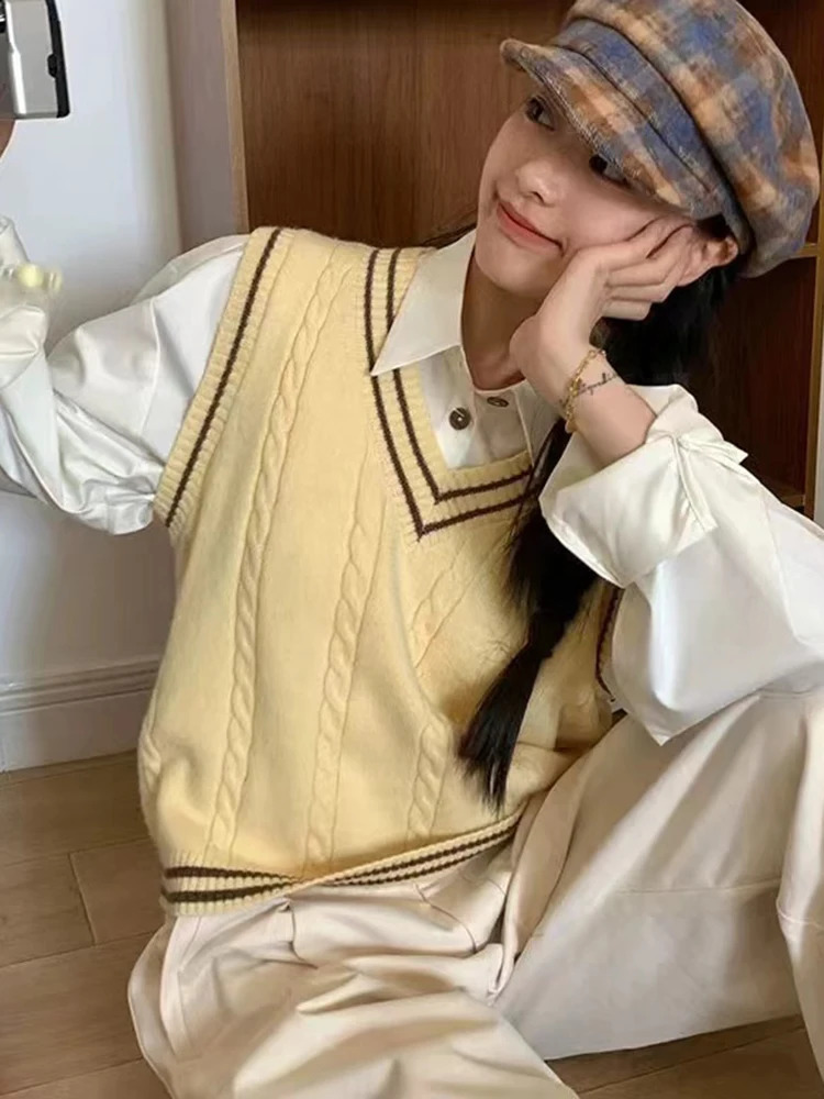 Jmprs Preppy Style Women Vest Sweaters Korean V Neck Striped Knitted Tops Fall Elegant Sweet Casual Female All Match Vest Coats 240812