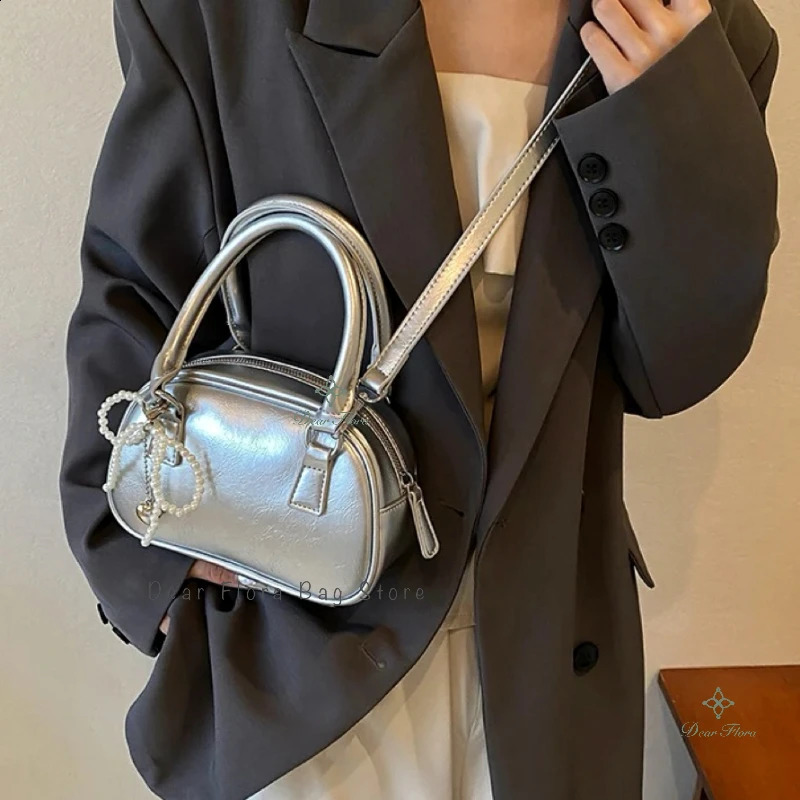 Cute and fashionable womens mini shoulder bag PU leather bow cross body elegant silver party handbag sweet little wallet 240813