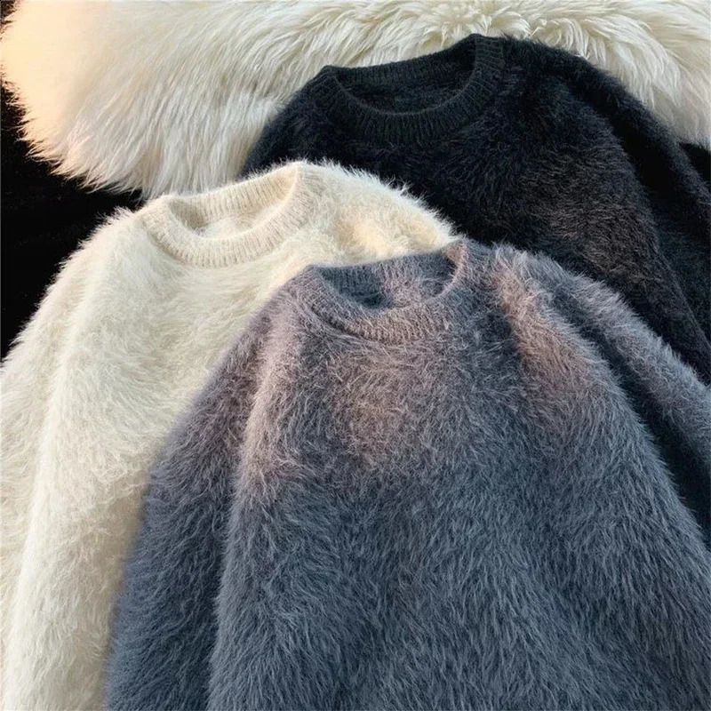 Simple Plush Solid Color Sweater for Men and Women Lazy and Loose Style Versatile and Warm Personalized Round Neck Knit Clothes 240809