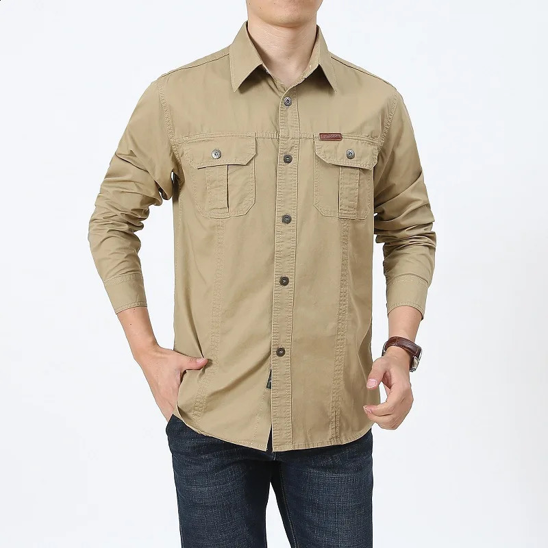 Mens cargo shirt solid color springsummer casual long sleeved top soft cotton mens multi pocket single chest 240812