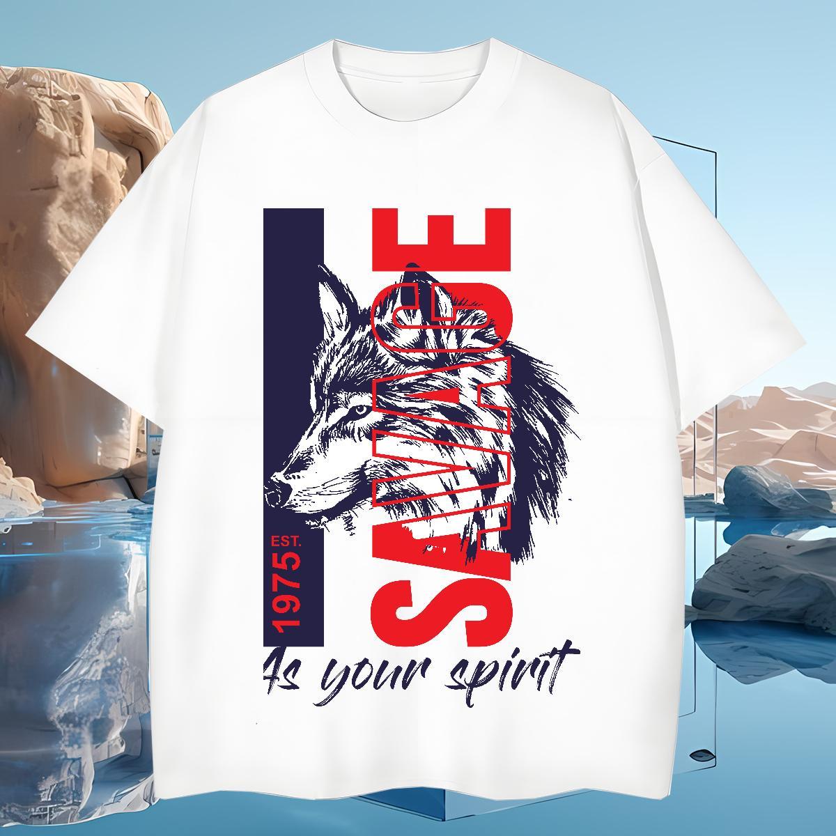 Men T Shirts 100% Cotton 230g wolf Daily Outfit Breathable Short Sleeve DIY Logo Oversized Men Tshirts 2024 DIY Brand Tops