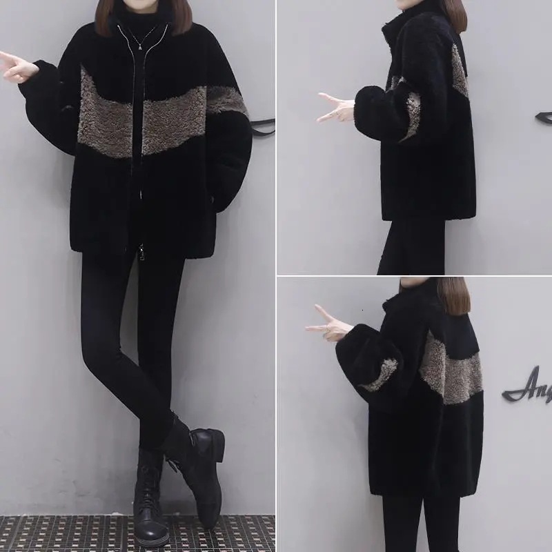 Short Imitation Lamb Wool New Winter Season With Plush Thick Oversized Loose Color Blocked Coat For Women Trend 04913