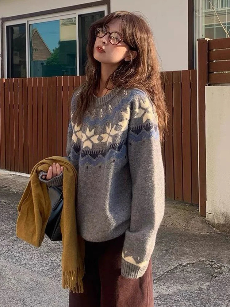 Jmprs Vintage Harajuku Print Sweater Women Japan Preppy Style Knitted Jumper Lazy Wind Loose Long Sleeve Retro O Neck Tops 240812
