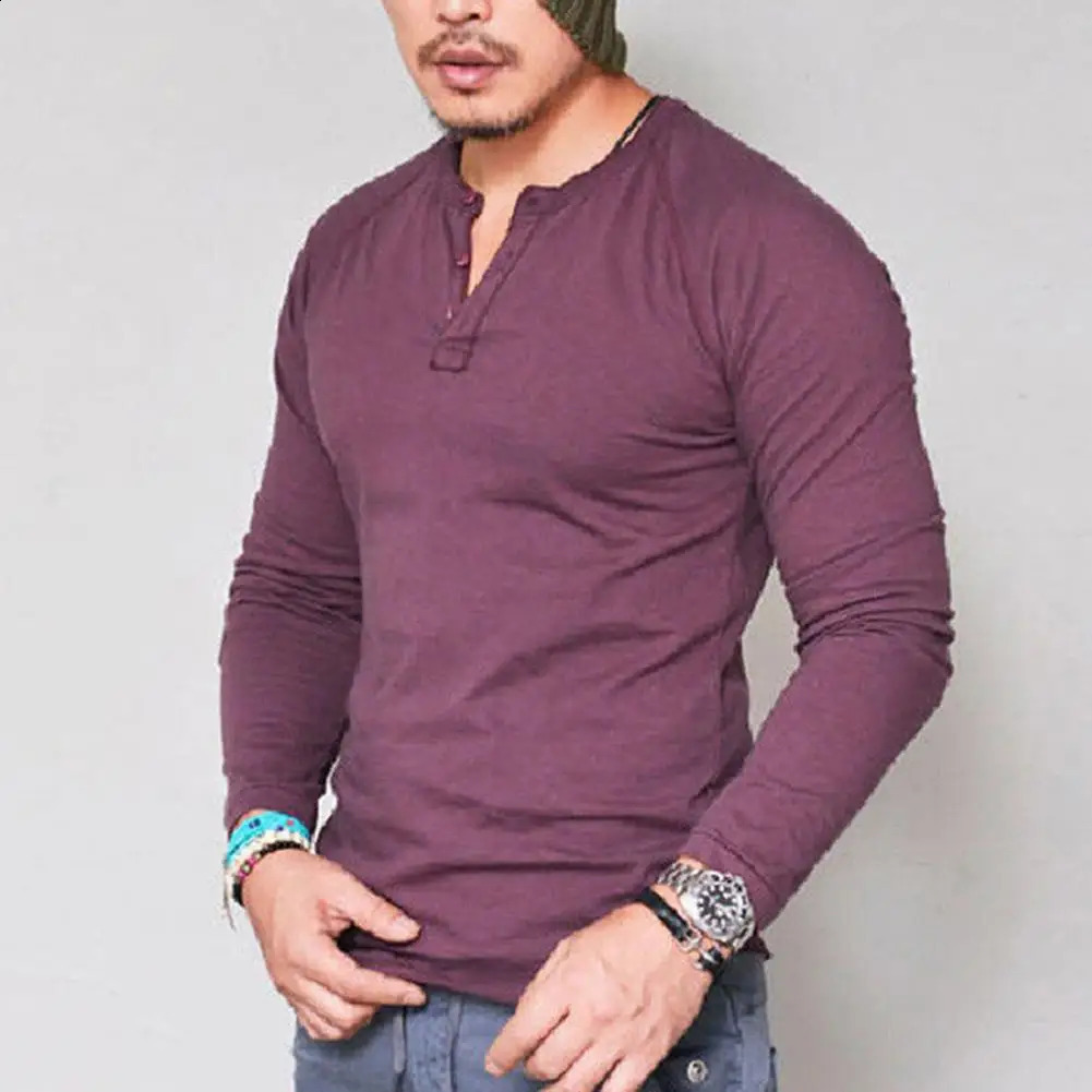 Long Sleeve Cotton Men T-shirt Round Neck Blouse Button Up Long Sleeved T-shirt Fashio Street Basic Casual Slim Fit T-shirt 240812