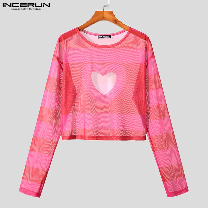 INCERUN Tops American Style Mens Hollowed-out Love Pattern Camiseta Fashion Casual Printed Long-sleeved T-shirts S-5XL 240812