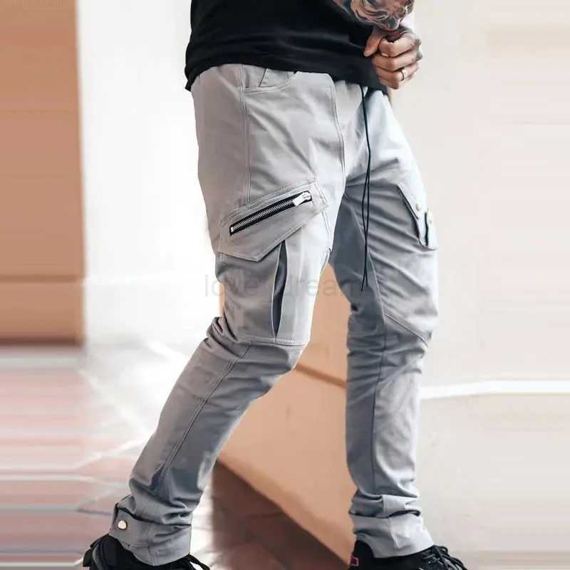 Mens Side Pocket Cargo Pants Zipper Black Grey Khaki Hip Hop Casual Male Joggers Trousers Fashion Streetwear Pantalones HombreXJ240813