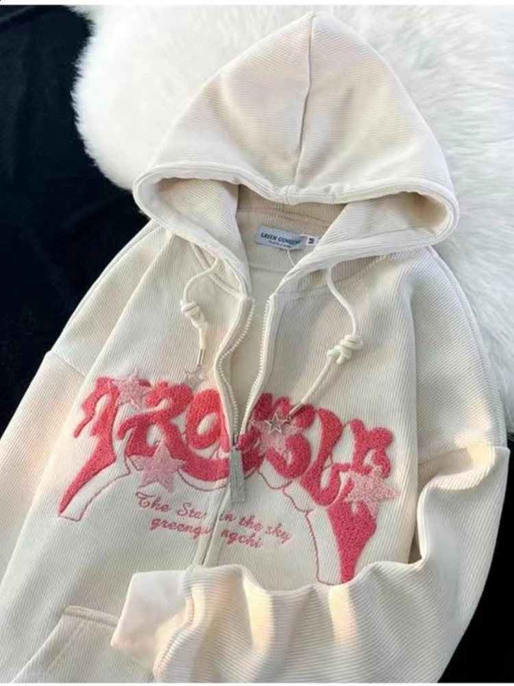 Deeptown Vintage Y2K Zip Up Hoodies Women Harajuku Letter Sweatshirts Hippie Gothic Streetwear Loose Casual Patchwork Top Coats 240812