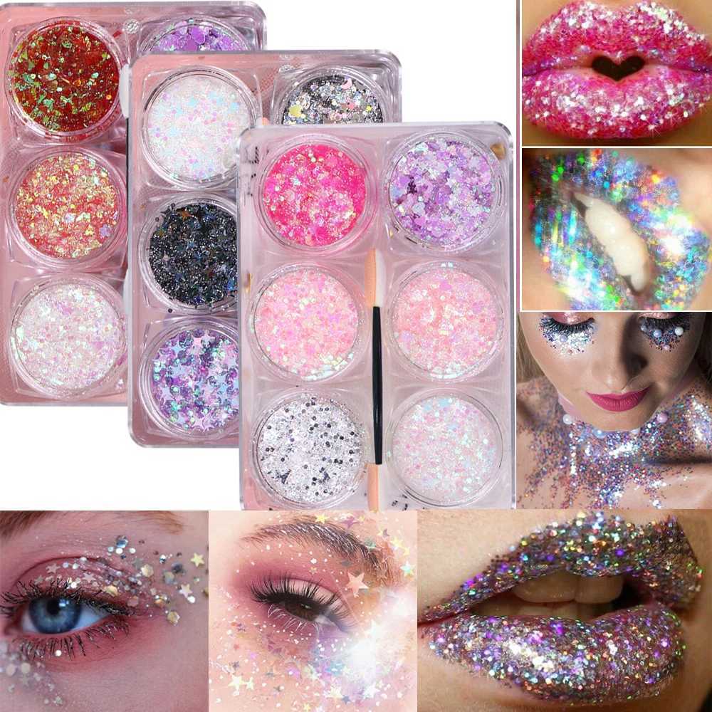 6 cans of glitter cream gel eye shadow glitter sequins star/heart/butterfly hexagonal palette sequins DIY body face glitter sequins W240812