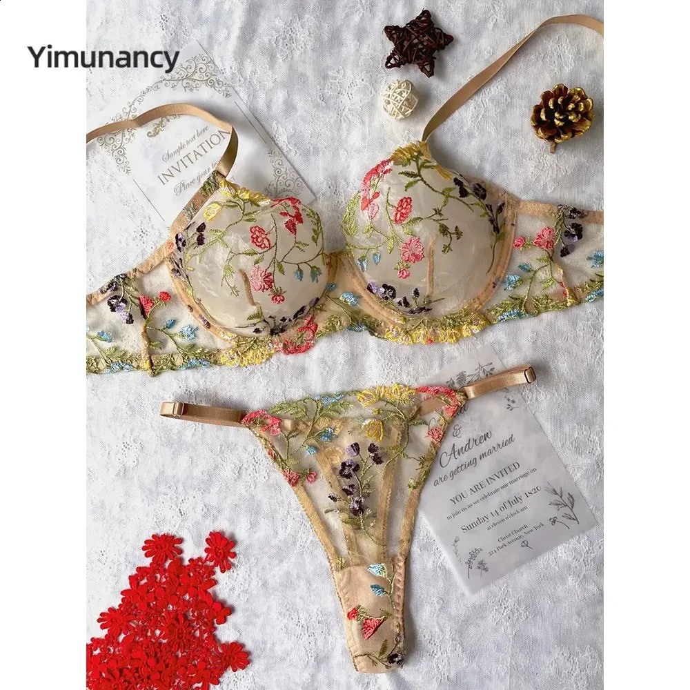Yimunancy Floral Embroidery Lingerie Set Women Sheer 2-Piece Boho Bra Panty Underwear Set Intimates 240812