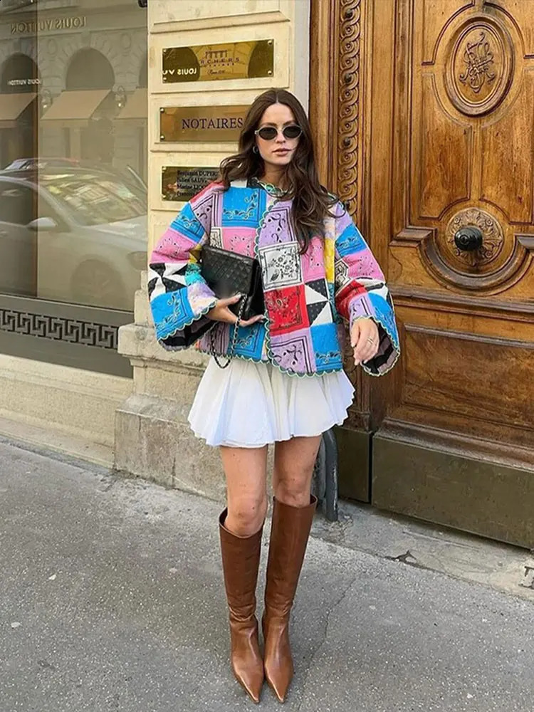 2024 Floral Printed Cotton Jacket For Women Long Sleeve Patchwork Contrasting Colors Causal Coat Autumn Winter Lady Outwears 240812