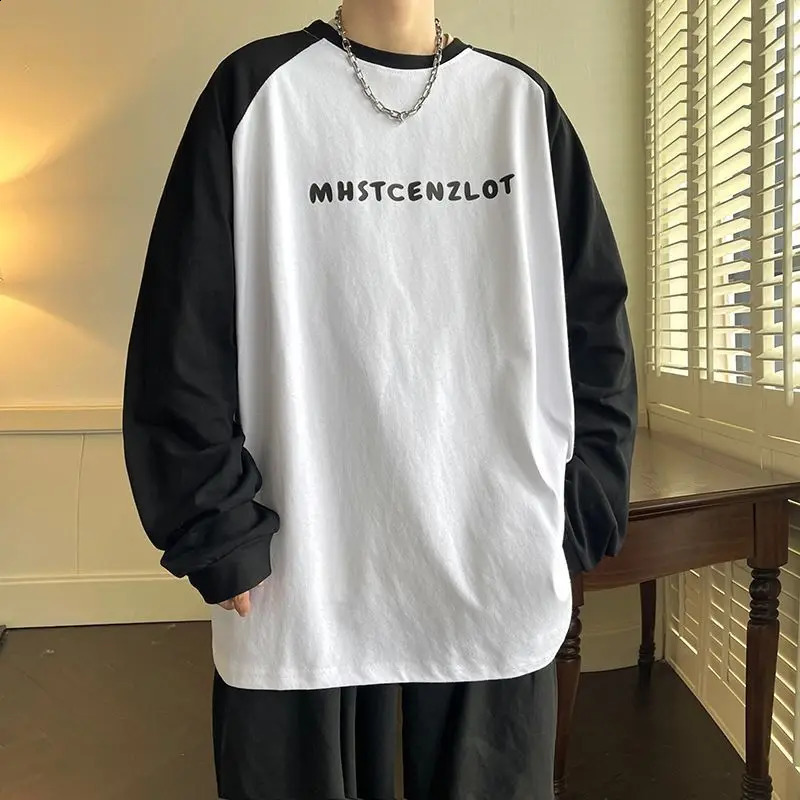 High Street Fashion Color Block Letter T-shirt Women Classic Long Sleeve O-collar Loose Handsome All-match Male Casual Top 240812
