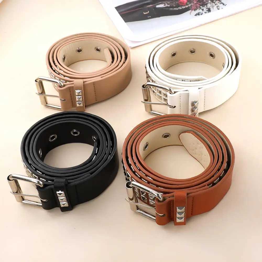 Gothic punk style womens retro rivet PU leather belt jeans belt buckle Y2K girl fashion belt belt W240807