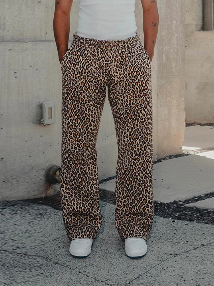 Mens Harajuku Vintage Leopard Print Hoodie 2 Piece Set Fashion Casual Loose Zipper Cardigan Lace Up Wide Leg Trousers Suit 240813