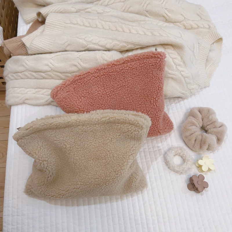 Pure Color Lambs Wool Plush Cosmetic Pencil Case Makeup Pouch Bag Soft Travel Toiletry Female Beauty Handbag Clutch 240812