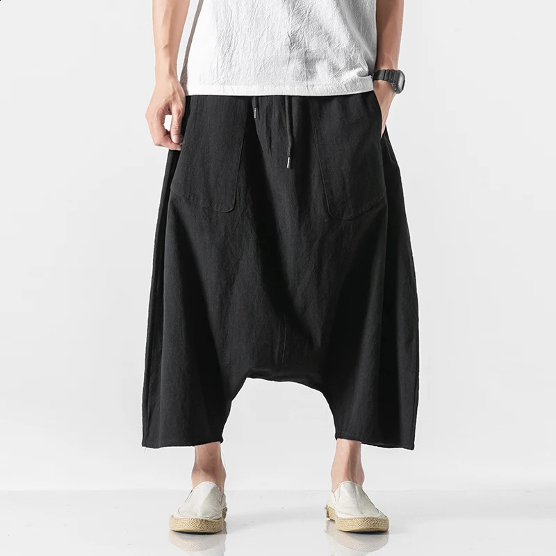 Summer mens plus size casual harem pants retro loose cotton linen wide leg pants mens elastic waist pants 240812