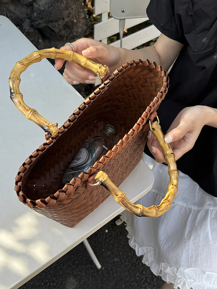 Summer Fashion Womens Straw Shoulder Bag Retro Rattan Female Bamboo Handle Basket Bags Hand Woven Beach Handbags Seaside Tote 240813