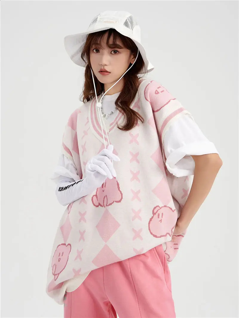 Korean Sweet Jacquard Sweater Vest Loose All-match Casual Y2k Top Knitted Vests Autumn Harajuku Gothic Waistcoat Women 240812