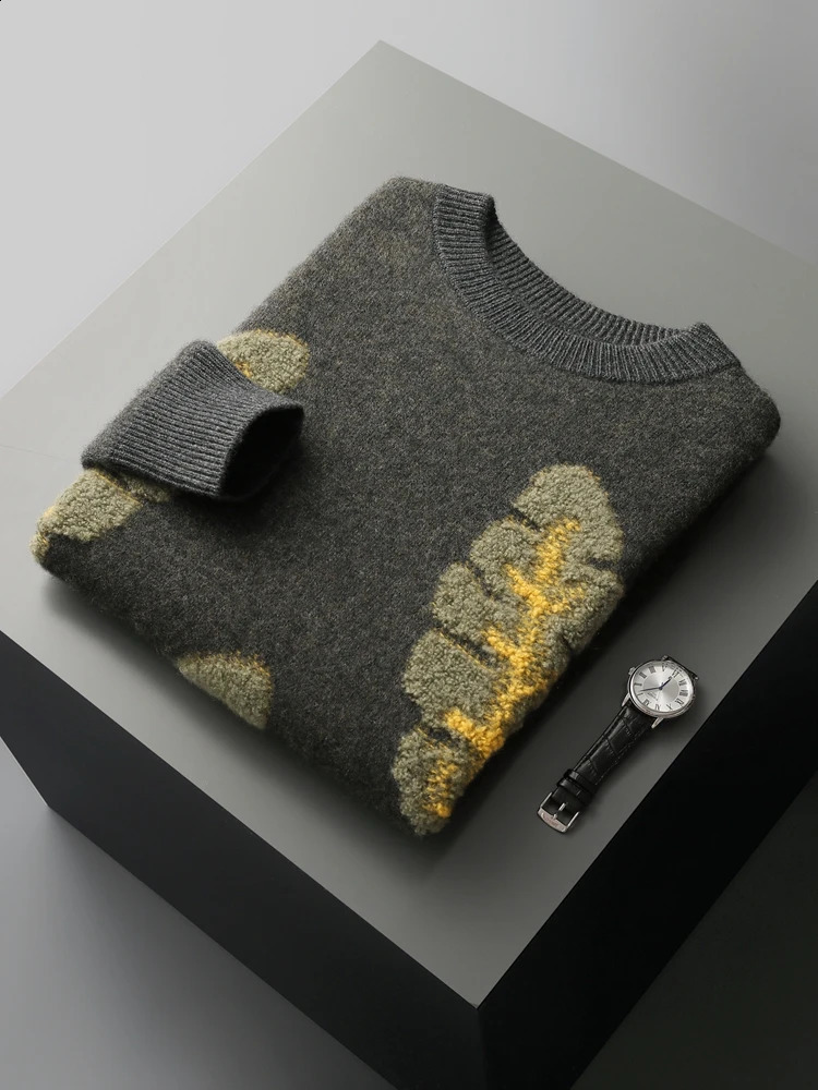 Jacquard Autumn Cashmere Sweater Mens Round Neck Pulling 100% Merino Wool Knitted Casual Fashion Retro Thick Top 240812