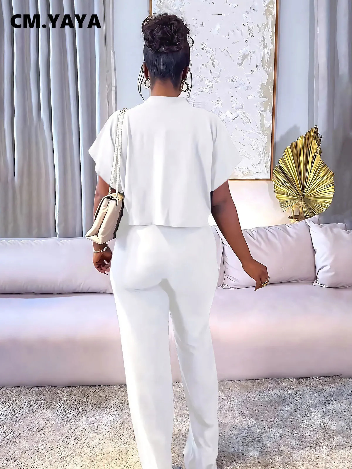 CM.YAYA Street Fashion Womens Set Short Sleeve Shirt and Wide Leg Pants Two 2 Piece Set Outfit Tracksuit 240813