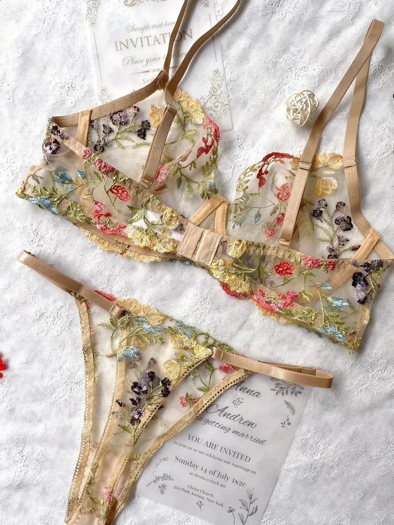Yimunancy Floral Embroidery Lingerie Set Women Sheer 2-Piece Boho Bra Panty Underwear Set Intimates 240812