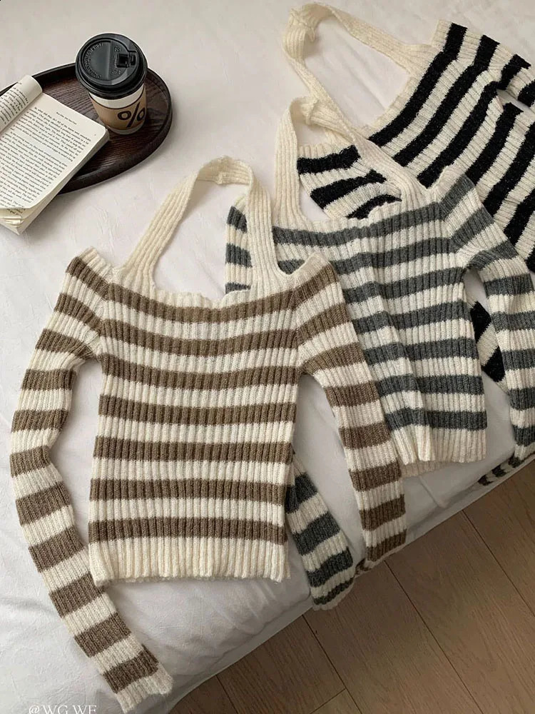 Sweet Preppy Style Classical Striped Sweater Women Halter Knitted Pullover High Street Casual Jumper Japanese Y2k Autumn Winter 240812