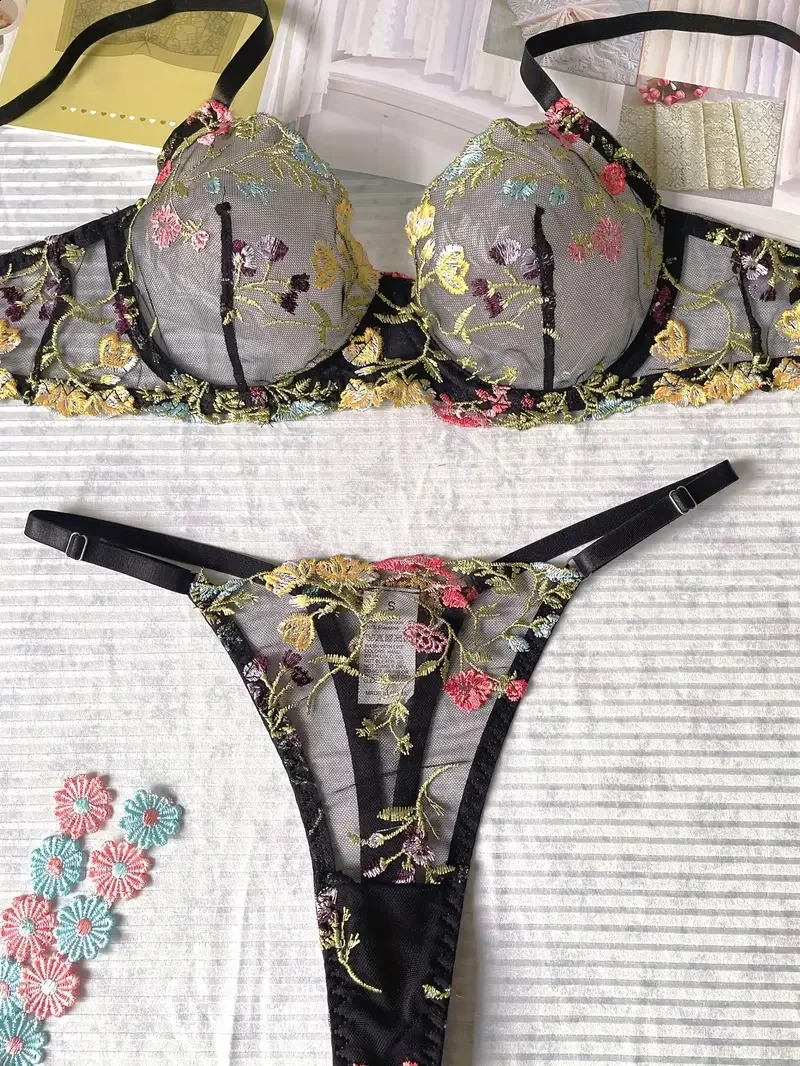 Yimunancy Floral Embroidery Lingerie Set Women Sheer 2-Piece Boho Bra Panty Underwear Set Intimates 240812