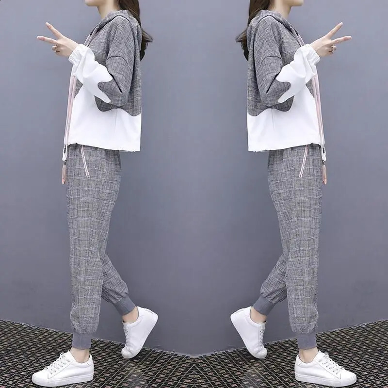 2024 Spring Grey White Spliced Hoodie Lace Up Pencil Pants Two Piece Set of Korean Style Female Student Sports Set Tracksuit 240813