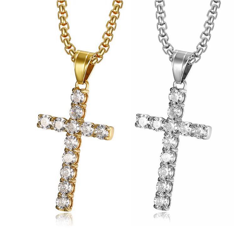 Full Zircon Titanium Steel Cross Pendants Gold Silver Color Necklace Jewelry For Men Women