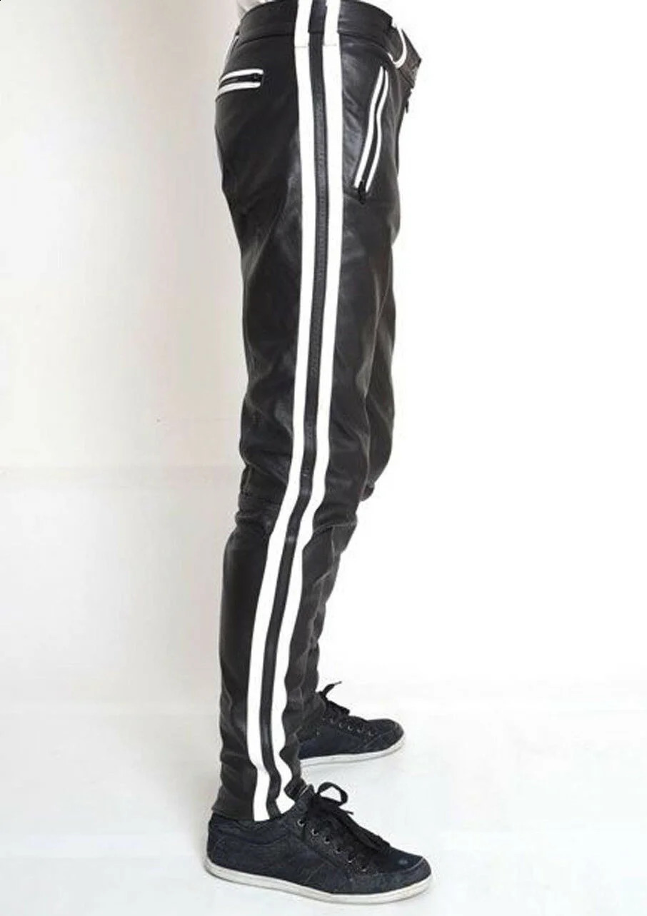 Mens COWHIDE LEATHER PANTS COLOR STRIPES BIKERS 240812