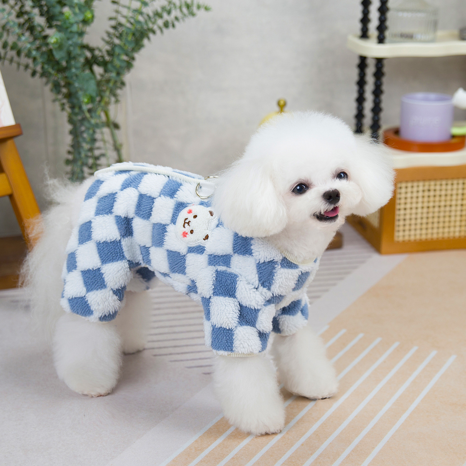 Dog Clothing Checkerboard Sweater Pet Cat Clothing Sweatshirt Double-sided Fleece Dog Autumn/Winter Warmer and Cuter